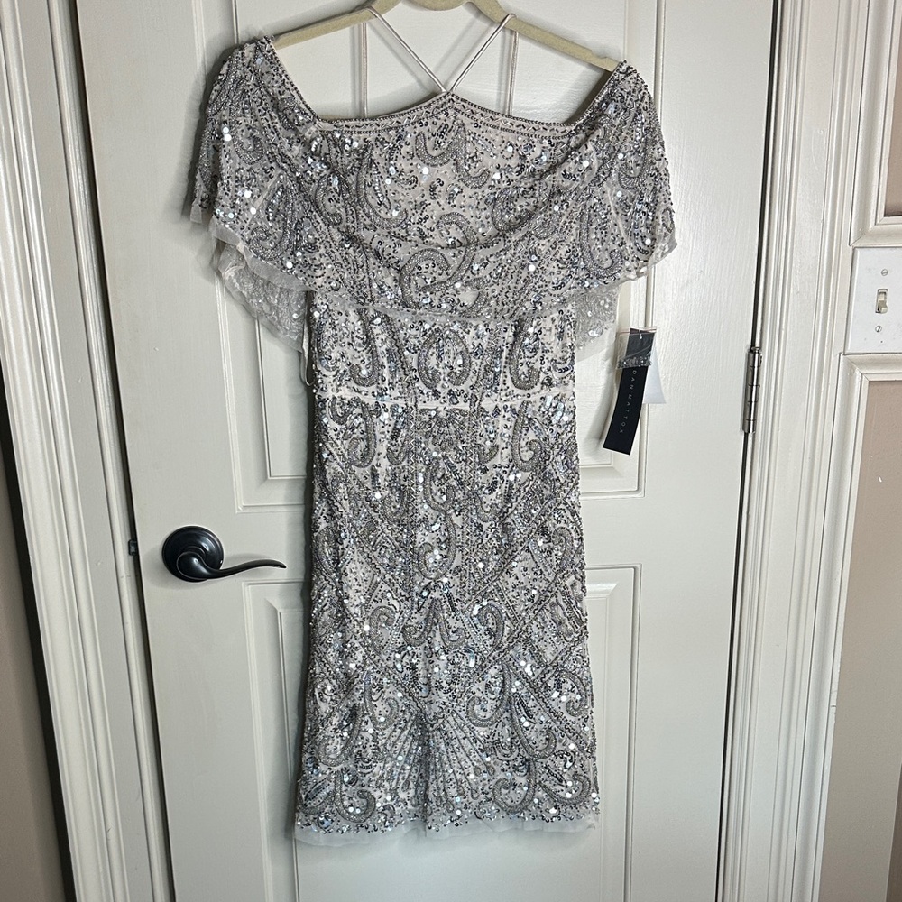 NWT Aidan Mattox Silver Sequin Off-Shoulder Mini Dress